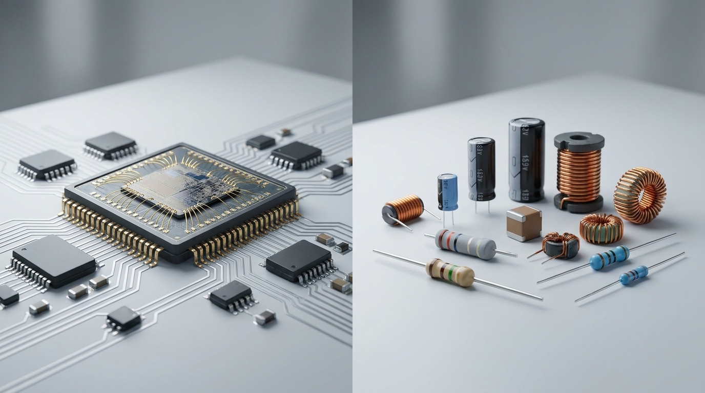 Active vs Passive Electronic Components: A Complete Overview. A clean, premium split-screen visual showing a microchip and integrated circuits on one side, and a variety of resistors, capacitors, and inductors on the other, high resolution, soft studio lighting.
