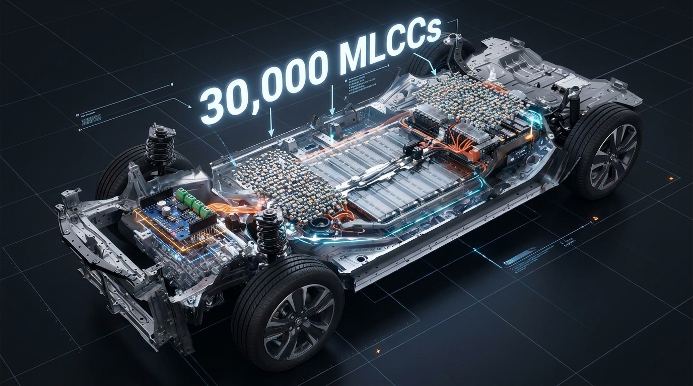 A detailed 3D infographic showing an electric vehicle chassis. Highlight a dense cluster of MLCCs near the battery and motor controller. Render the text '30,000 MLCCs' in bold white sans-serif font floating above the component group. Technical engineering aesthetic.