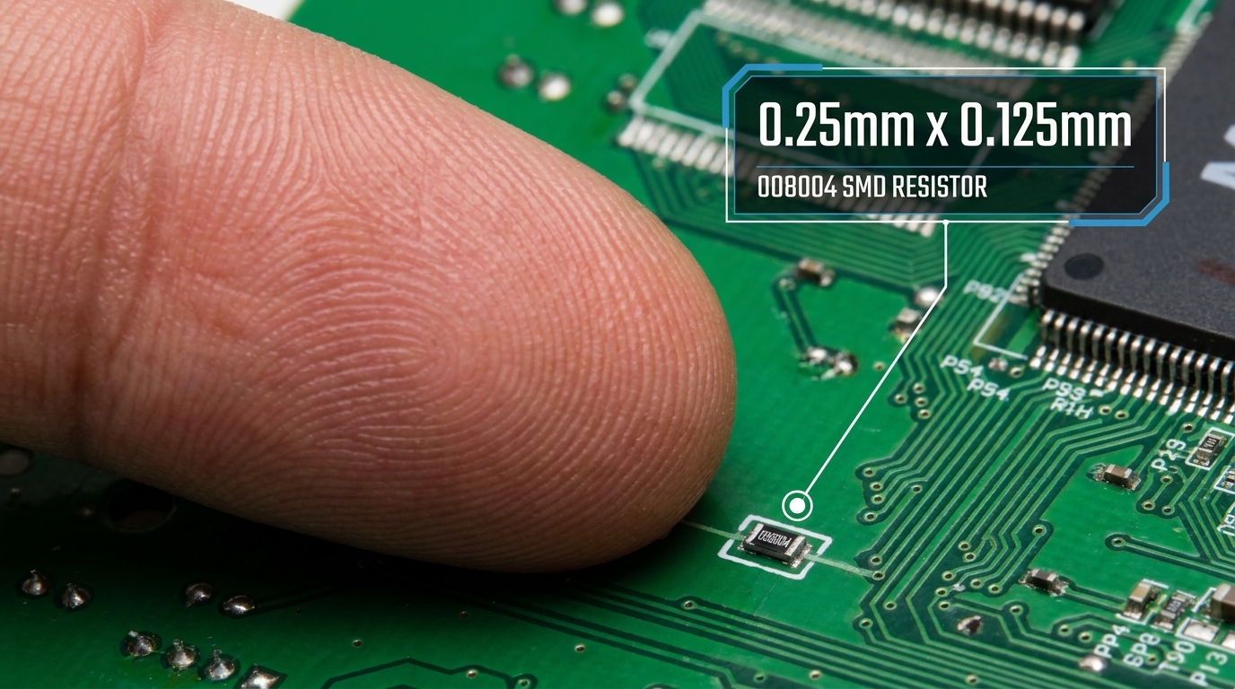 Macro photography of a human finger next to a microscopic 008004 SMD resistor on a PCB. Render a callout line pointing to the resistor with the text '0.25mm x 0.125mm' in a technical digital overlay font. High contrast, technical detail.