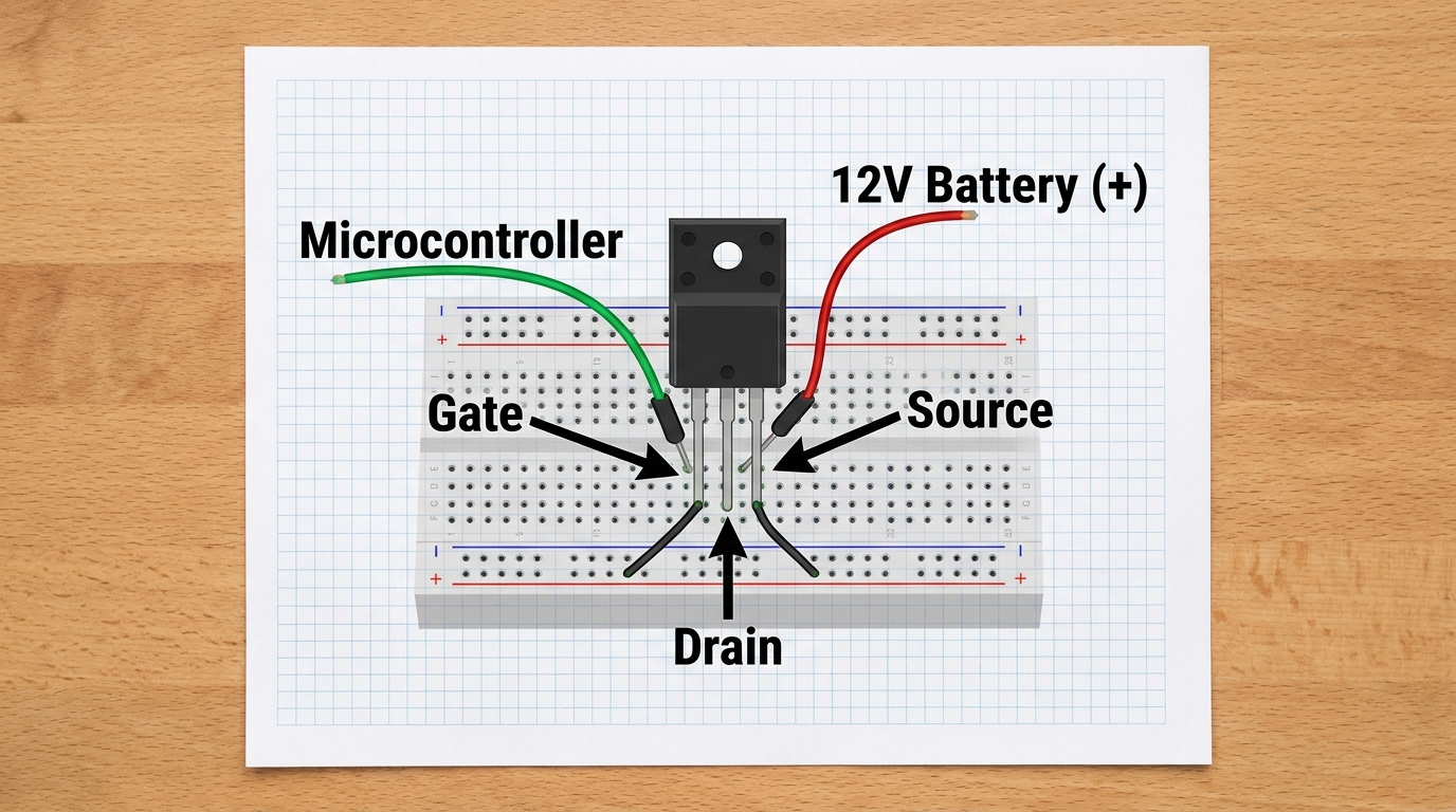 A clear overhead technical illustration showing an N-Channel MOSFET on a breadboard. Label the pins 'Gate', 'Drain', and 'Source' in bold black text. Include a microcontroller connection to the Gate and a 12V battery connection to the Drain.