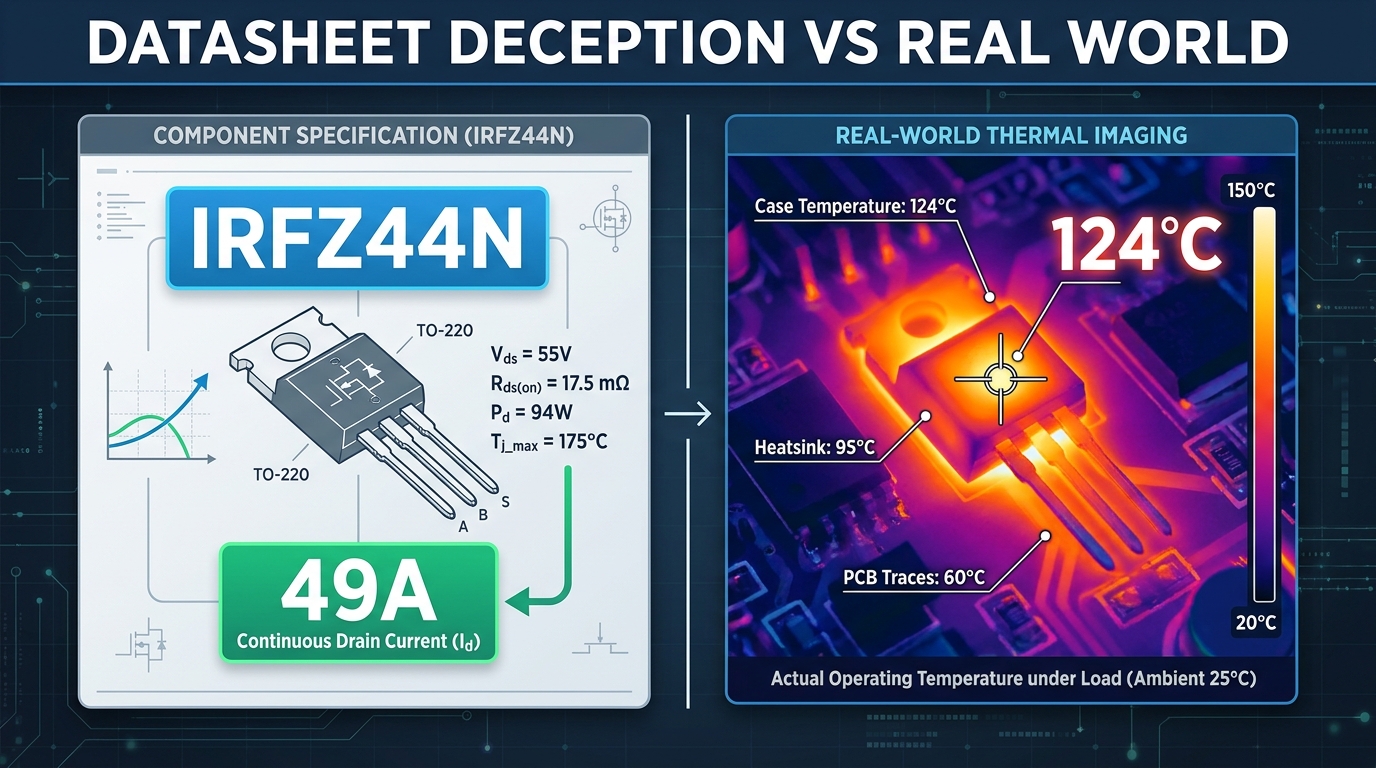 A split-screen infographic. Left side: A MOSFET datasheet with text 'IRFZ44N' and '49A' highlighted. Right side: A FLIR thermal image showing the same component glowing bright orange with a temperature reading of '124&deg;C'. Headline text 'Datasheet Deception vs Real World' at the top.