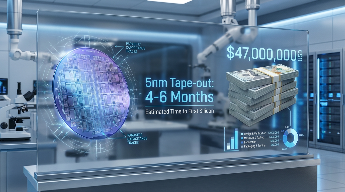 Detailed infographic showing a 5nm silicon wafer next to a stack of money representing $47 million USD. In the center, render the text '5nm Tape-out: 4-6 Months' in a technical blue font. Surrounding the wafer are microscopic traces of parasitic capacitance. High-tech laboratory aesthetic.