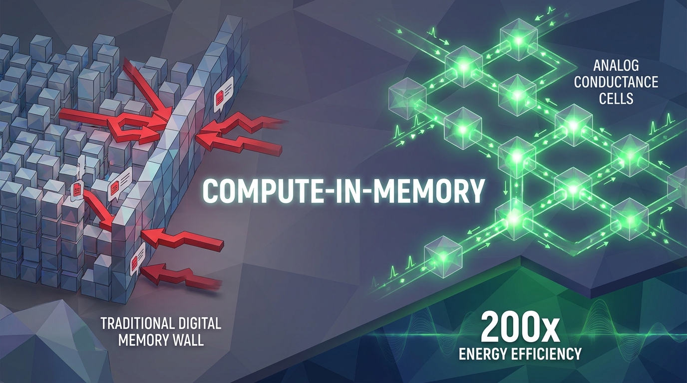A cross-section of a 3D chip architecture titled 'Compute-In-Memory'. On the left, show a traditional digital memory wall bottleneck with red arrows. On the right, show analog conductance cells performing calculations instantly with green glowing pulses. Render the text '200x Energy Efficiency' in bold white sans-serif.