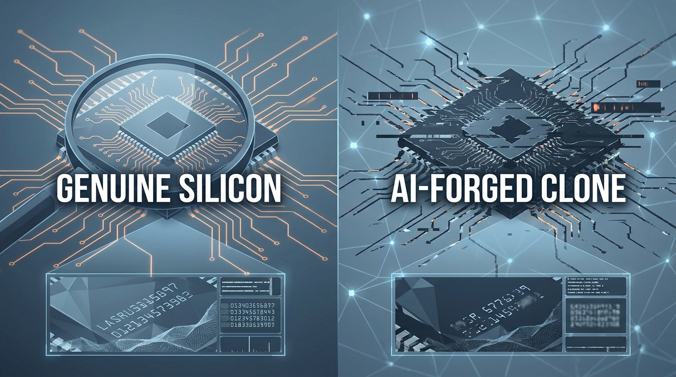 A highly detailed layout showing a side-by-side comparison of a genuine microcontroller and an AI-cloned counterfeit. Render the text 'GENUINE SILICON' on the left and 'AI-FORGED CLONE' on the right in bold white sans-serif font. Show microscopic details of laser etching on the package surface.