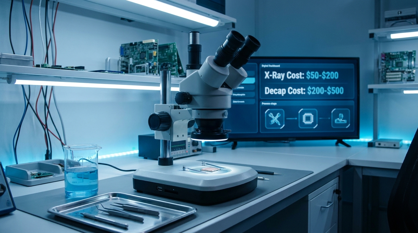 A technical laboratory workstation setup for electronic decapsulation. Center a high-precision microscope viewing an exposed silicon die. Render the specific text data 'X-Ray Cost: $50-$200' and 'Decap Cost: $200-$500' on a digital dashboard in the background in clean blue UI font.