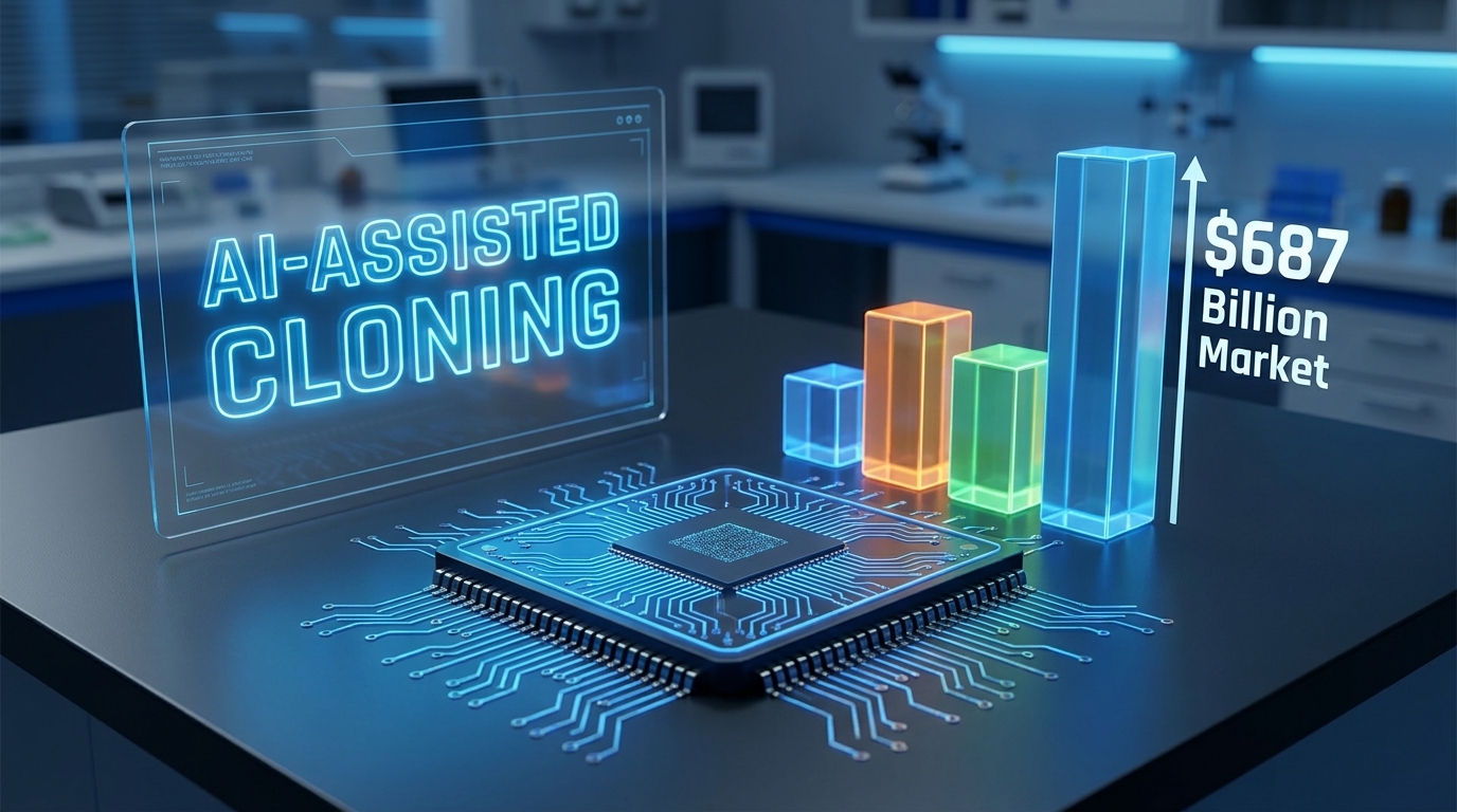Macro photography of an integrated circuit on a laboratory table. To the left, a digital interface displays 'AI-ASSISTED CLONING' in neon blue. On the right, a 3D bar chart showing '$687 Billion Market' growth. Cinematic lighting, ultra-detailed textures.