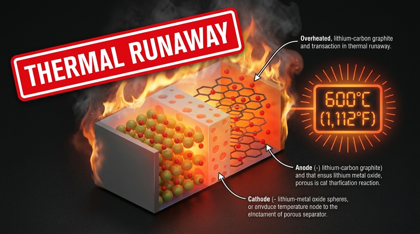 Infographic design showing a cross-section of a lithium-ion battery. A large red warning label says 'THERMAL RUNAWAY' in bold white letters. A digital thermometer reads '600°C (1,112°F)' in high-contrast orange. Minimalist professional style.
