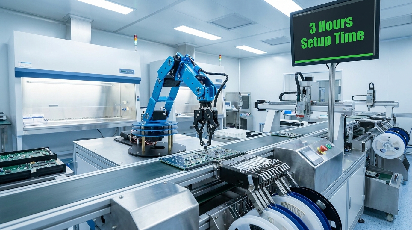 A high-precision spatial layout of an SMT pick-and-place machine line in a cleanroom. In the center, a mechanical arm is placing a tiny chip. On a terminal screen in the top-right corner, render the text '3 Hours Setup Time' in bold green sans-serif font. High quality, realistic lighting.