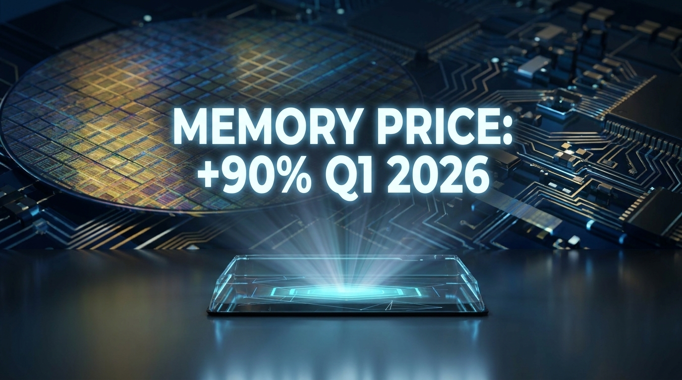A futuristic data visualization for an electronics supply chain. On a holographic display, render the text 'Memory Price: +90% Q1 2026' in bold white glowing font. The background features a detailed view of silicon wafers and circuits. Professional 3D render.