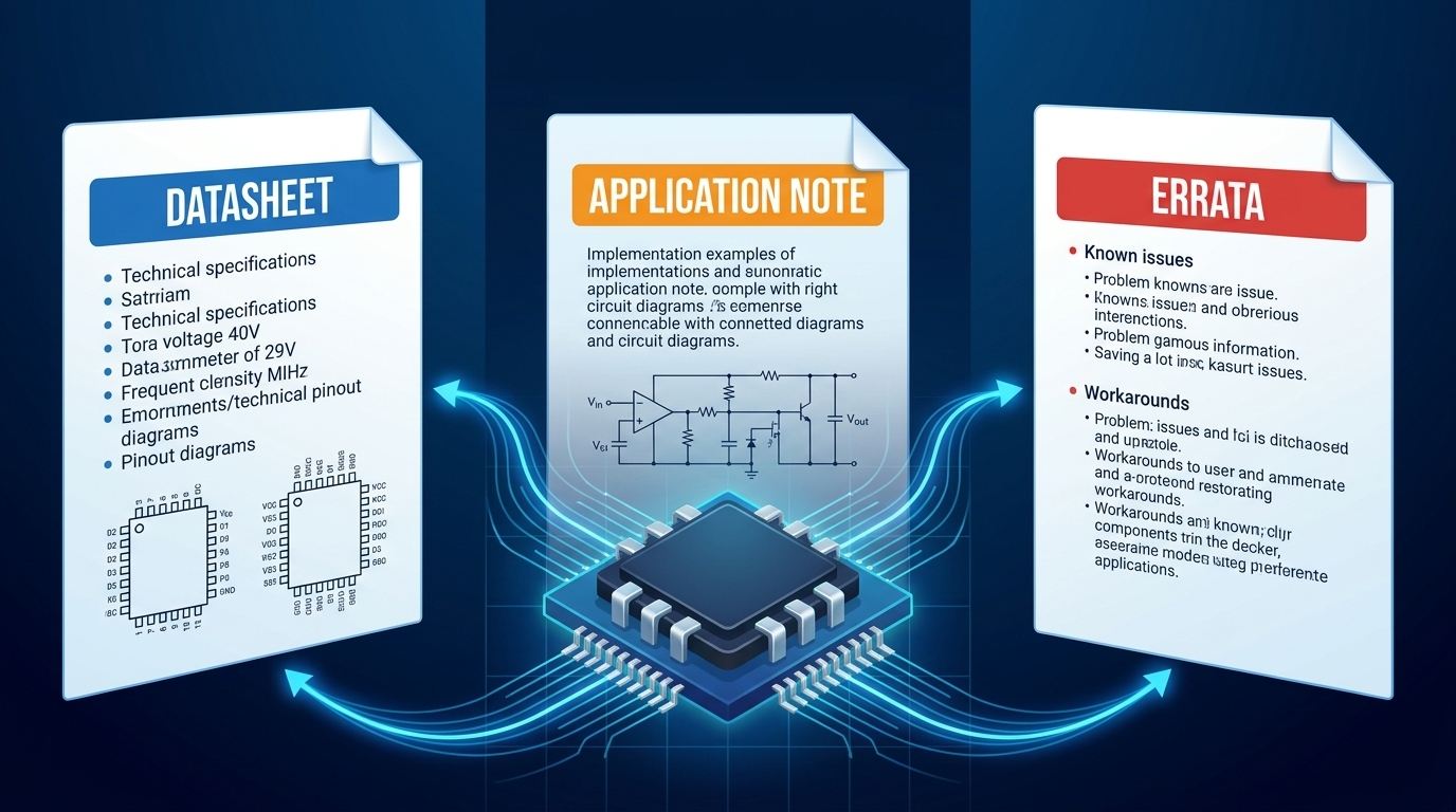 A split-screen diagram showing three distinct technical documents labeled 'Datasheet', 'Application Note', and 'Errata'. Each document has a different color-coded header. In the center, a 3D chip icon connects to all three via glowing data lines. High resolution, technical illustration style.