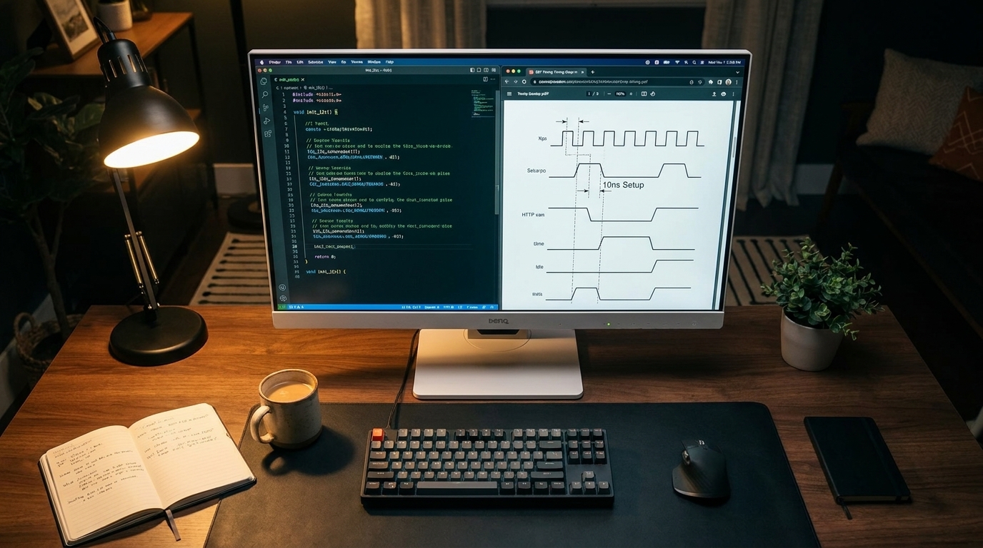 Top-down view of a computer monitor displaying C-code in an IDE on the left and a PDF timing diagram with nanosecond pulse waves on the right. Render the text '10ns Setup' on the timing diagram and 'void init_i2c()' in the code editor. Professional desk setup, cinematic lighting.