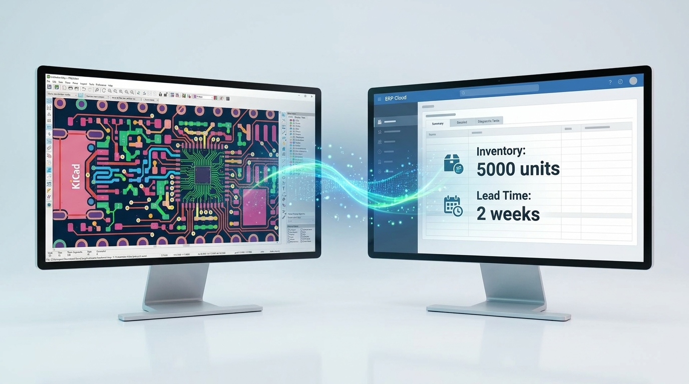 A split-screen digital layout. On the left, a detailed 'KiCad' PCB design with green circuits. On the right, a synchronized 'ERP Cloud' interface showing a table with the text 'Inventory: 5000 units' and 'Lead Time: 2 weeks'. A glowing data stream connects the two screens.