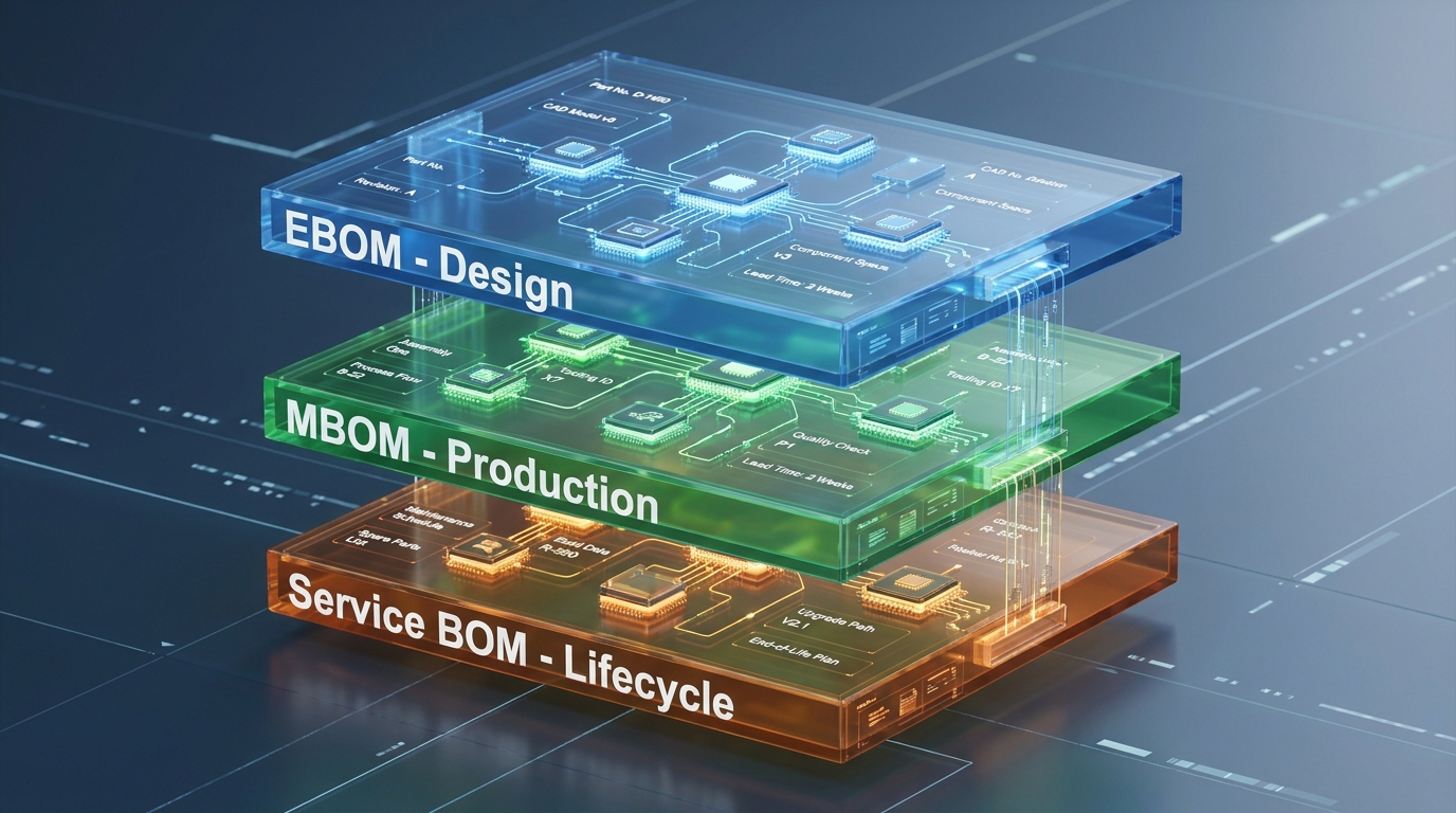 A 3D isometric infographic showing three stacked translucent layers. Top layer: 'EBOM - Design'. Middle layer: 'MBOM - Production'. Bottom layer: 'Service BOM - Lifecycle'. Each layer is populated with microchip icons and technical data points in a minimalist tech style.