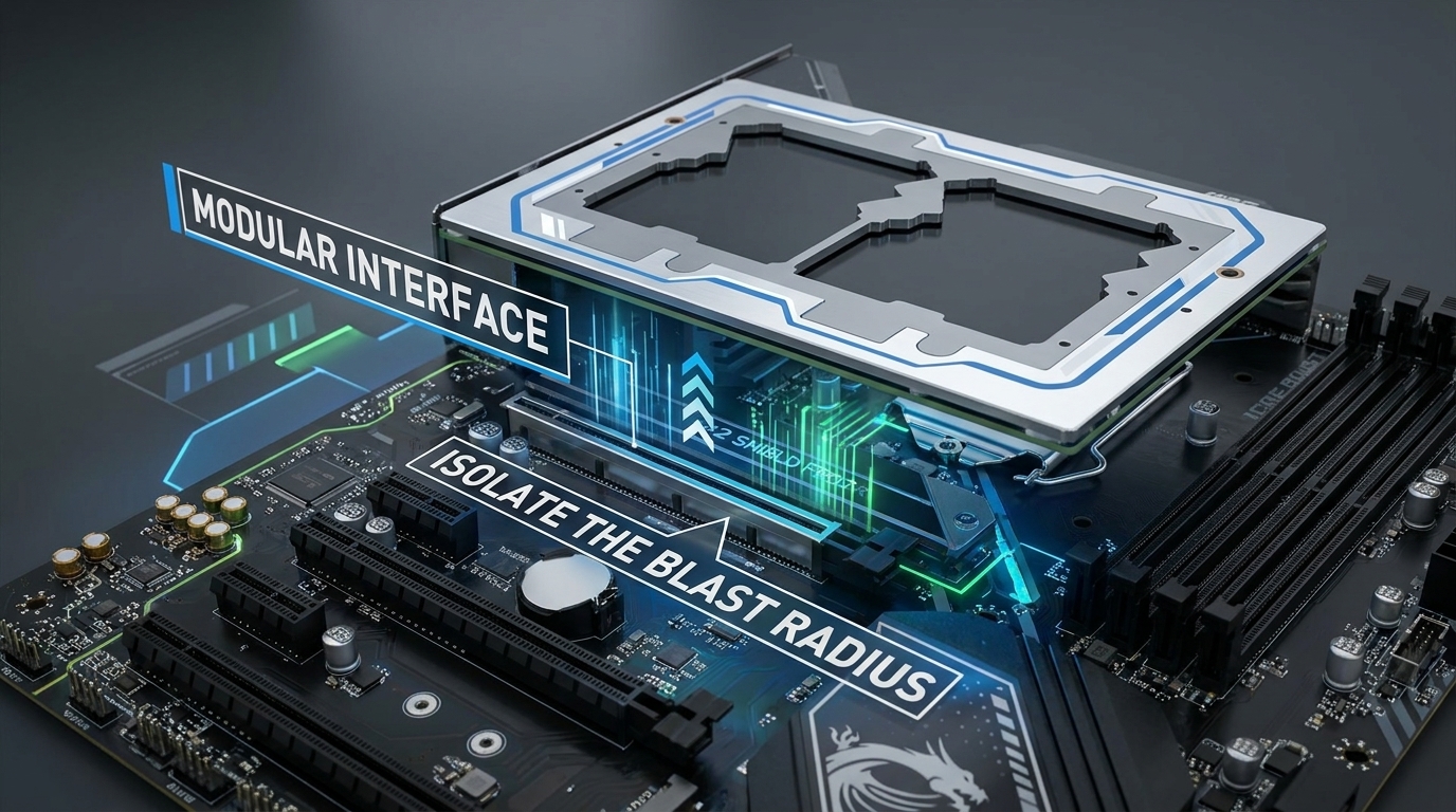 A high-quality 3D render of a PCB showing a 'Carrier PCB' or daughterboard being plugged into a main motherboard. Clear labels on the board should show 'Modular Interface' and 'Isolate the Blast Radius' in clean sans-serif typography.