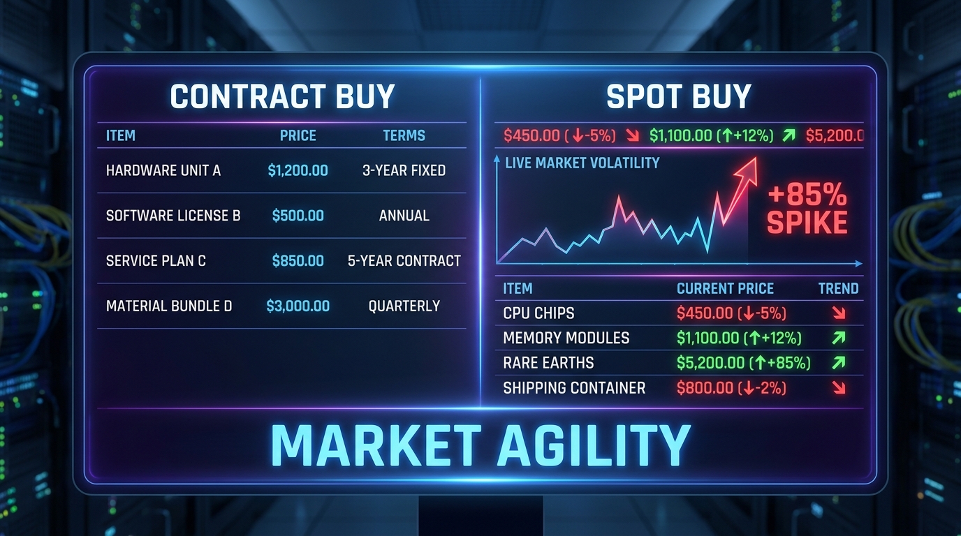 A high-tech digital split-screen dashboard. The left side displays a 'Contract Buy' ledger with static, fixed pricing lines. The right side shows a 'Spot Buy' market ticker with rapid red and green price flashes, featuring a prominent 'Live Market Volatility' chart with a +85% spike marker. Render text 'MARKET AGILITY' in bold blue font.