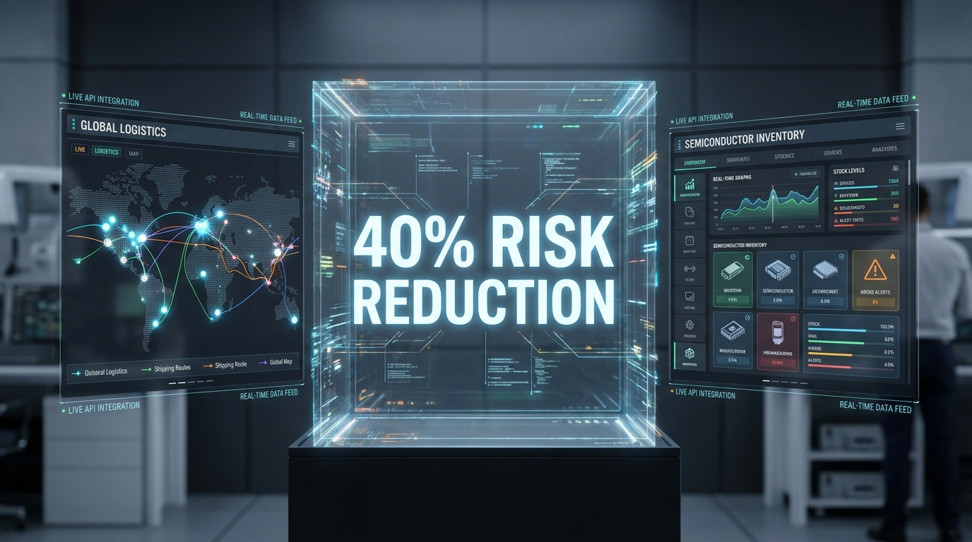 A modern supply chain management UI showing real-time API integrations. A central holographic display shows '40% RISK REDUCTION' in bright white sans-serif font. Side panels show live feeds of semiconductor inventory and global logistics maps with pulsing nodes. Clean, professional aesthetic.