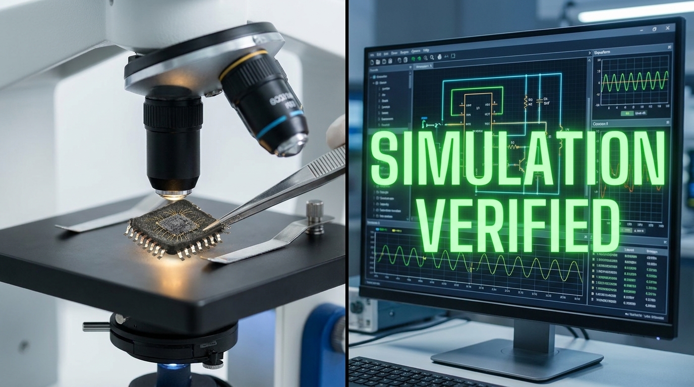 Split-screen layout: The left side shows a physical IC being handled with tweezers under a microscope; the right side shows a high-fidelity circuit simulation interface. Render the text 'SIMULATION VERIFIED' in bright neon green over the digital side.