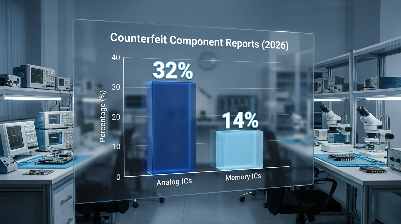 A professional infographic showing a bar chart of counterfeit component reports for 2026. The tallest bar is labeled 'Analog ICs' and has the text '32%' rendered above it. The second bar is labeled 'Memory ICs' with the text '14%'. The background is a clean engineering laboratory setting.