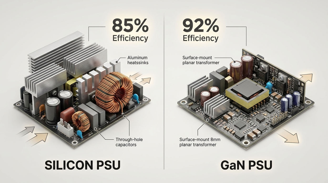 A side-by-side internal comparison diagram. On the left, a 'Silicon PSU' with large aluminum heatsinks and a 22mm wire-wound transformer. On the right, a 'GaN PSU' with an 8mm planar transformer and surface-mount components. Render the text '85% Efficiency' over Silicon and '92% Efficiency' over GaN in bold sans-serif font.
