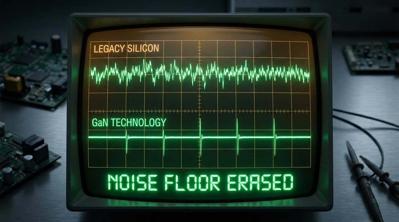 An oscilloscope screen display showing two wave patterns. Top wave labeled 'Legacy Silicon' shows a noisy line with fluctuations. Bottom wave labeled 'GaN Technology' shows a clean, stable horizontal line with rapid transient spikes. Render the text 'Noise Floor Erased' in bright green LED font at the bottom center.