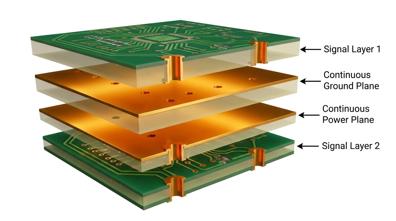 A detailed 3D exploded view of a 4-layer PCB. Labels pointing to each layer with clear white text: 'Signal Layer 1', 'Continuous Ground Plane', 'Continuous Power Plane', 'Signal Layer 2'. The copper planes are highlighted in a glowing amber color to show conductivity. Photorealistic technical render.