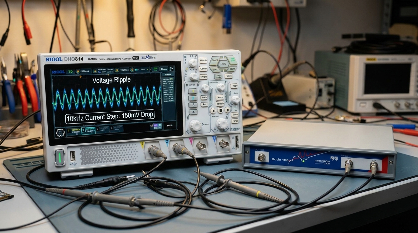 An electronic test bench setup showing a digital oscilloscope screen. The screen displays a 'Voltage Ripple' waveform. A label on the screen reads '10kHz Current Step: 150mV Drop'. Beside the oscilloscope is a Bode 100 Analyzer. Professional cinematography, shallow depth of field.