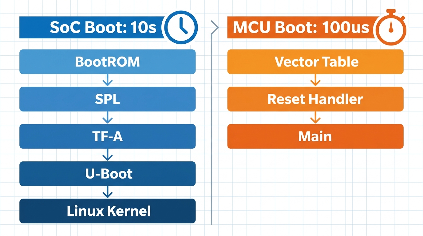 A technical diagram comparing an SoC five-stage boot sequence (BootROM, SPL, TF-A, U-Boot, Linux Kernel) on the left vs a simple MCU three-step jump (Vector Table, Reset Handler, Main) on the right. Render text 'SoC Boot: 10s' and 'MCU Boot: 100us' in clean typography.