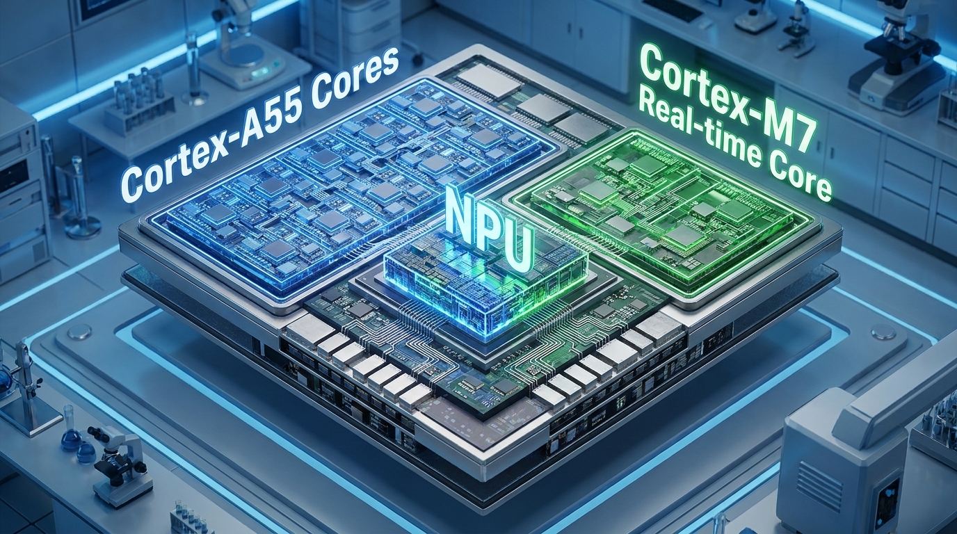 A 3D isometric cutaway of a modern semiconductor die. On the left, highlight a cluster of 'Cortex-A55 Cores' in blue. On the right, highlight 'Cortex-M7 Real-time Core' in green. In the center, a neural processing unit labeled 'NPU'. The background is a high-tech laboratory blue.