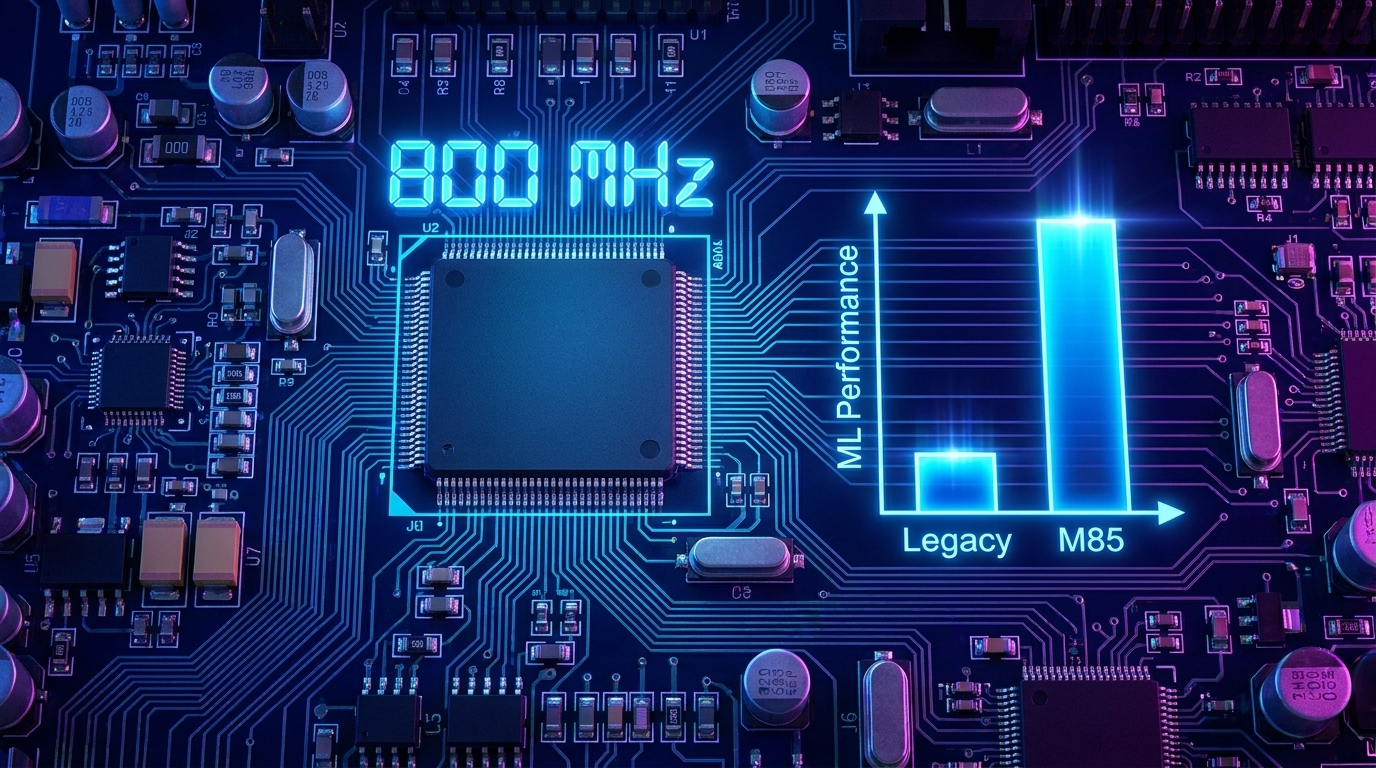 A wide-angle top-down shot of a high-performance PCB featuring an ARM Cortex-M85 MCU. Render the text '800 MHz' in a neon blue digital font above the chip. To the right, show a bar chart comparing ML performance with labels 'Legacy' and 'M85', showing the M85 bar 6x higher. Cyberpunk aesthetic with high technical precision.