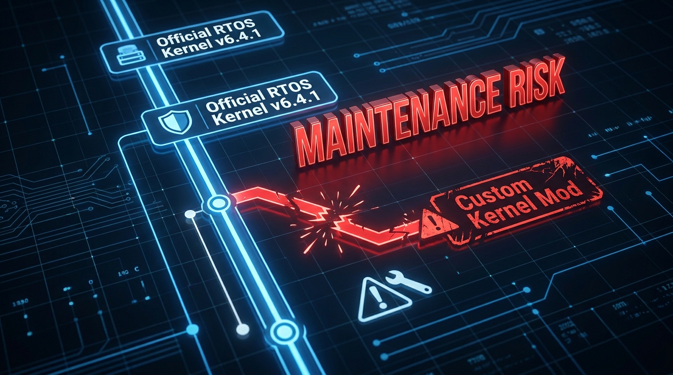 A technical infographic showing a software version tree. The main trunk is labeled 'Official RTOS Kernel v6.4.1'. A jagged, red branch breaks off labeled 'Custom Kernel Mod'. Render the text 'MAINTENANCE RISK' in bold 3D red letters hovering over the red branch. Schematic style on a dark grid background.