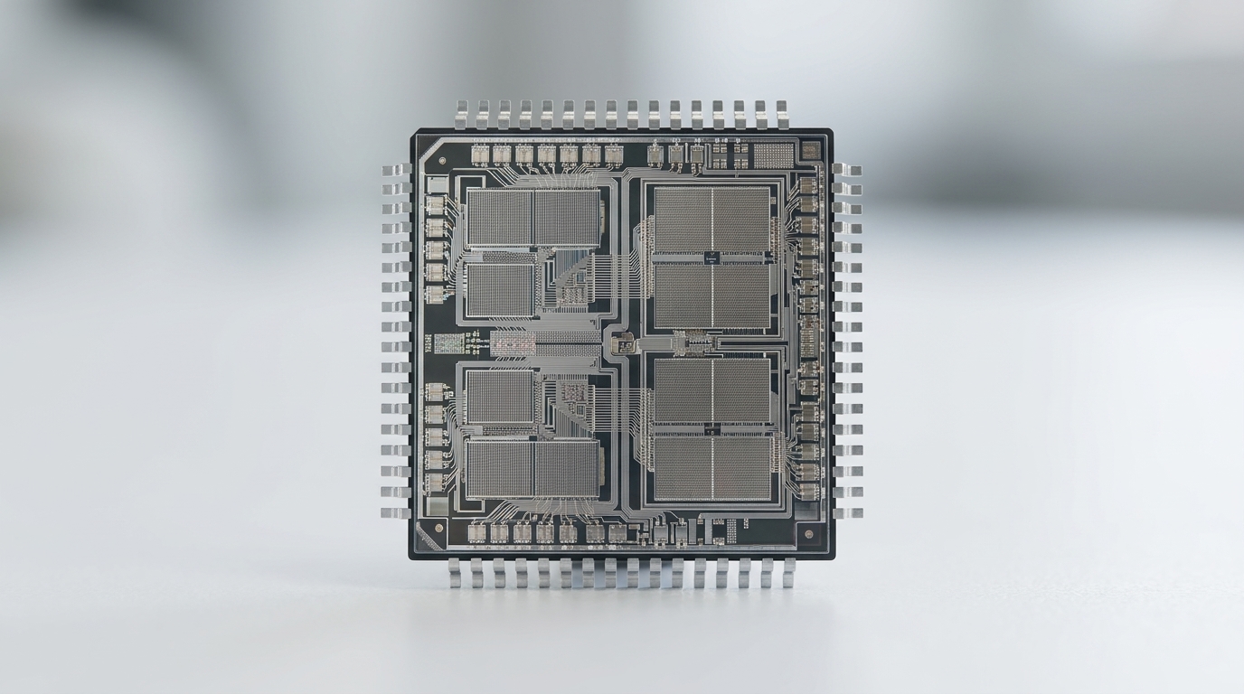 A high-end macro photography shot of a microcontroller silicon chip highlighting the intricate pathways between Flash and RAM modules, professional studio lighting, 8k resolution.