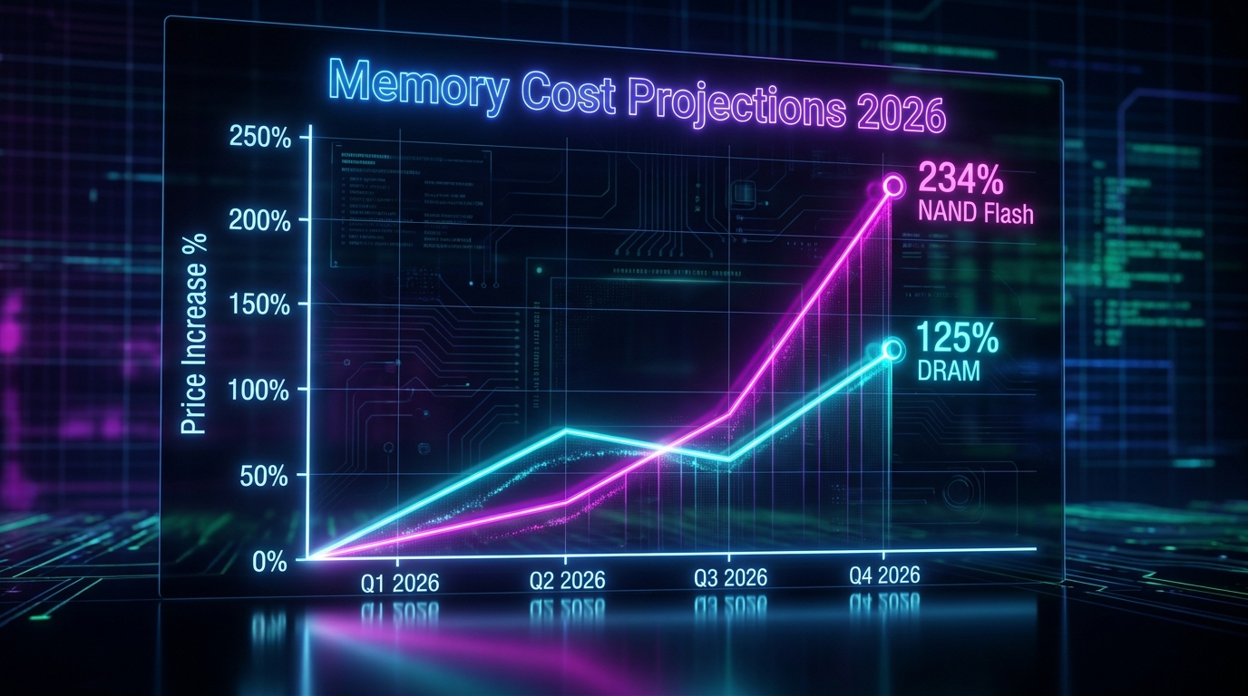 Render a professional line chart titled 'Memory Cost Projections 2026'. The y-axis shows 'Price Increase %'. The 'DRAM' line spikes to '125%' and the 'NAND Flash' line spikes to '234%'. Use a high-tech dark mode aesthetic with vibrant neon highlights.