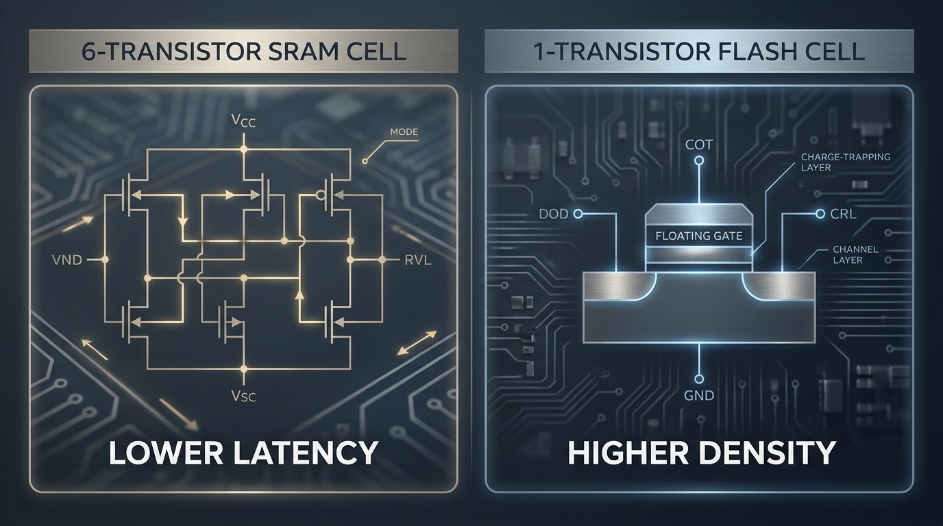 A side-by-side microscopic comparison diagram. On the left, a schematic labeled '6-Transistor SRAM Cell' showing 6 MOSFETs. On the right, a schematic labeled '1-Transistor Flash Cell' showing a single floating-gate transistor. Label the text 'Higher Density' on the Flash side and 'Lower Latency' on the SRAM side.