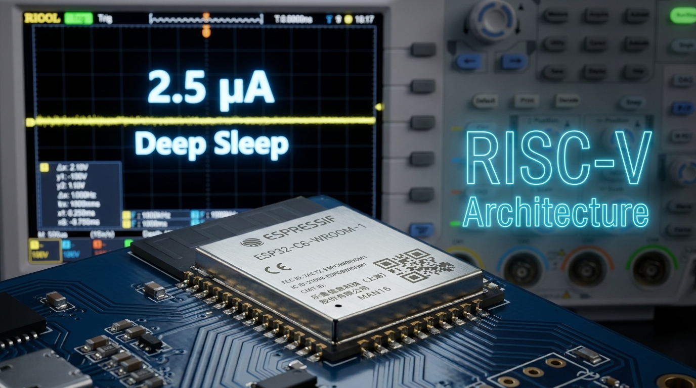Macro photography of an ESP32-C6 chip on a dark blue PCB. In the background, a digital oscilloscope displays a waveform labeled '2.5 &mu;A Deep Sleep'. The text 'RISC-V Architecture' is rendered in neon blue futuristic font on the right side.
