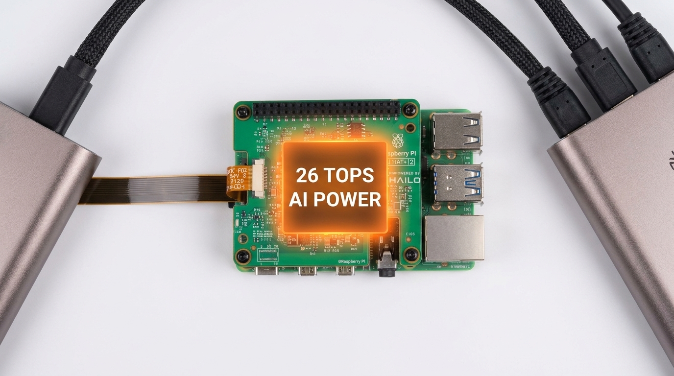 Top-down view of a Raspberry Pi 5 with an AI HAT+ attached. A PCIe cable connects to an external GPU. Render the text '26 TOPS AI POWER' in bold white sans-serif font centered on a glowing orange overlay over the Hailo chip.