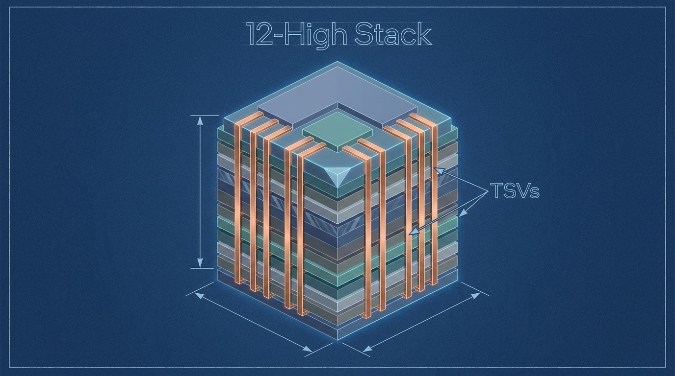 An architectural technical cross-section diagram of a 12-layer HBM4E silicon stack. Render the text '12-High Stack' and 'TSVs' in a technical blueprint style with arrows pointing to vertical copper interconnects. Clean, 3D isometric view on a dark blue background.