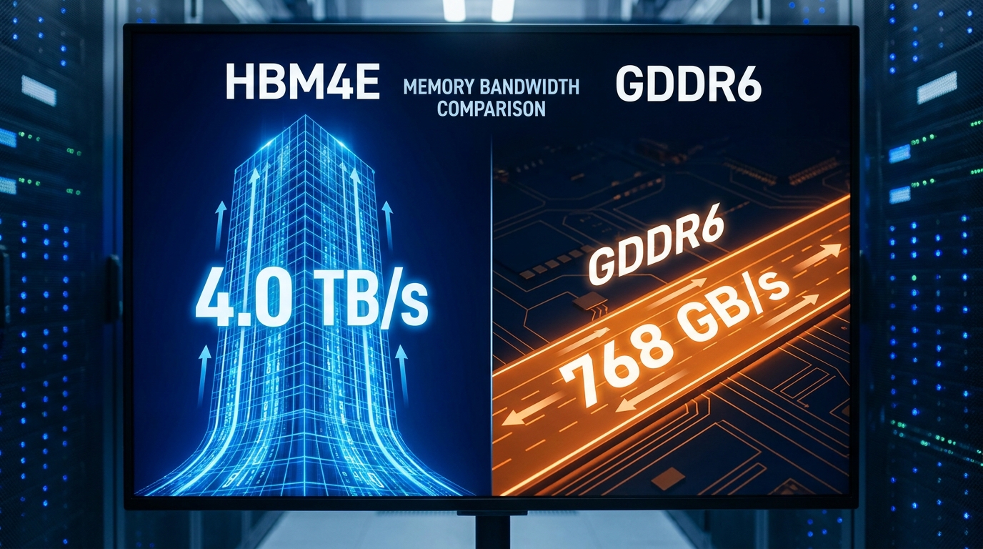 A comparison infographic between HBM4E and GDDR6. Left side shows a tall skyscraper representing HBM with text '4.0 TB/s' in bold white sans-serif. Right side shows a flat road representing GDDR6 with text '768 GB/s'. High contrast, professional data center aesthetic.