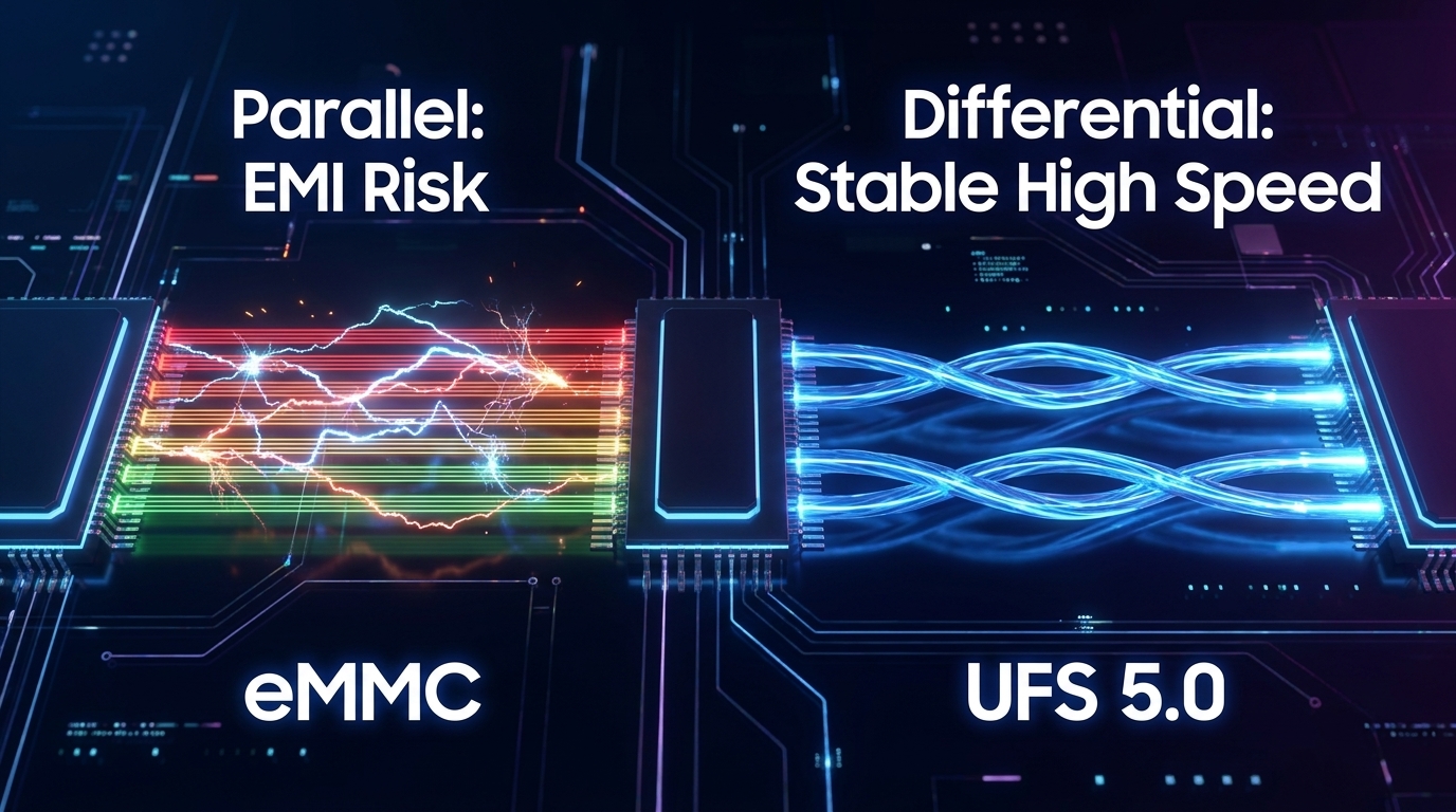 A high-tech 3D schematic comparing a parallel bus with 8 data lines labeled 'eMMC' showing messy signal interference vs a twisted pair layout labeled 'UFS 5.0' with clean blue laser-like data flow. Render text 'Parallel: EMI Risk' and 'Differential: Stable High Speed' in a futuristic white font.