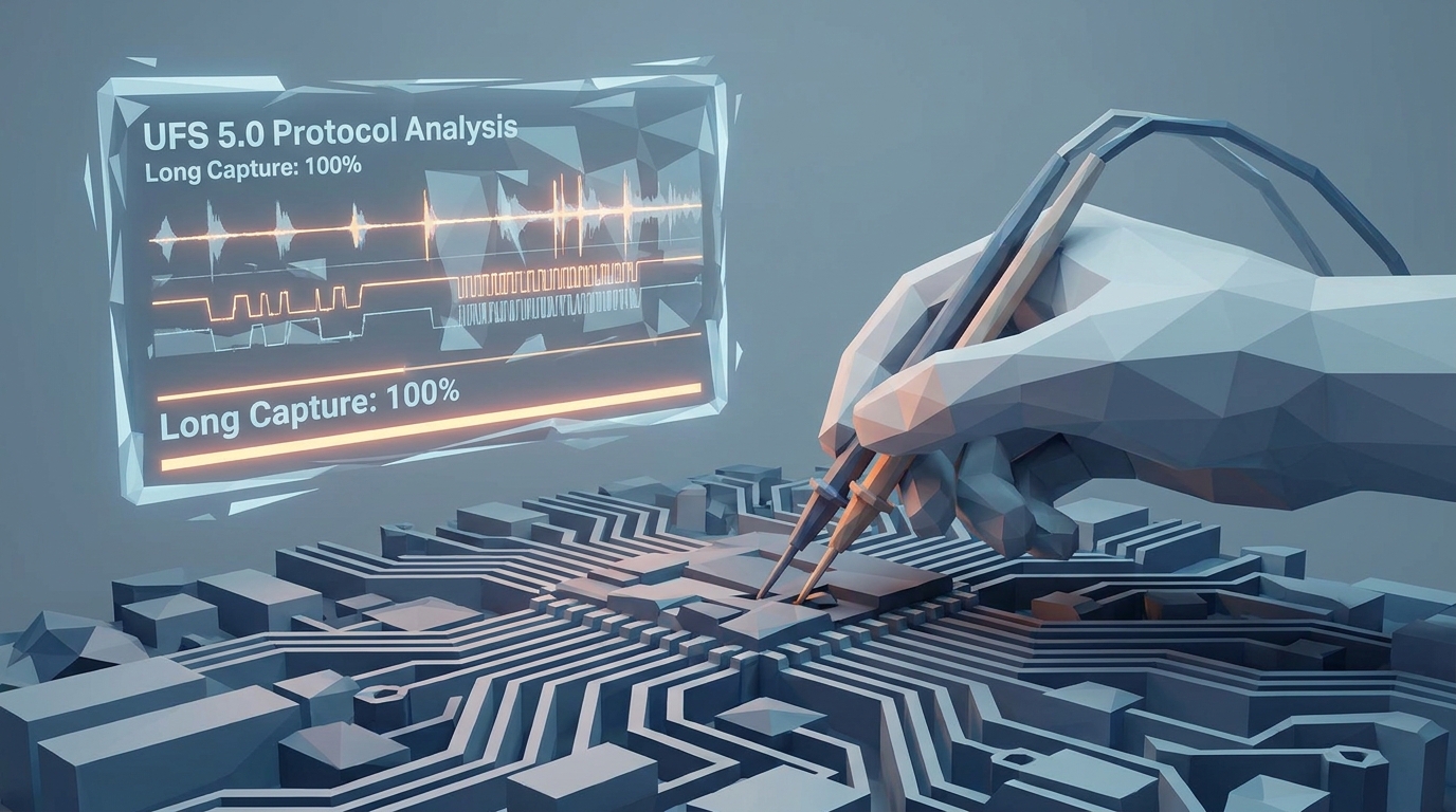A macro photo of an engineer's hand using high-precision oscilloscope probes on a densely packed PCB. On a digital screen in the background, render a complex logic analyzer waveform with the text 'UFS 5.0 Protocol Analysis' and a progress bar showing 'Long Capture: 100%'.