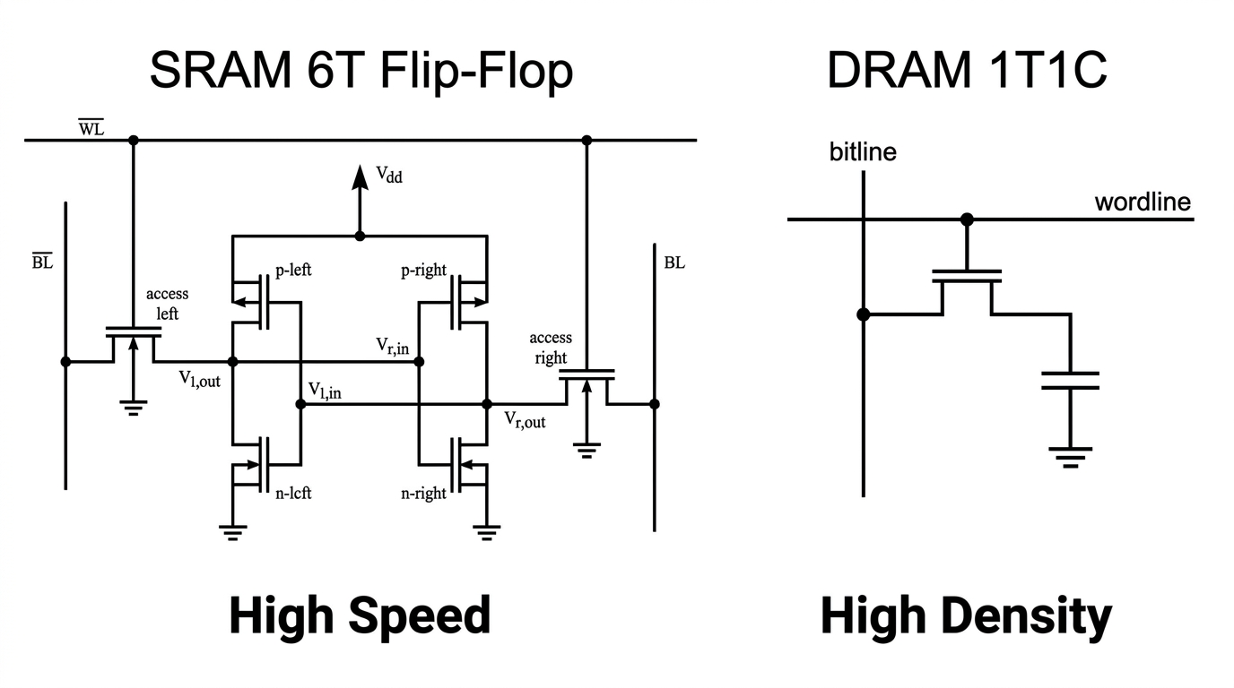 A side-by-side technical diagram showing the architecture of SRAM and DRAM. Left side: a 6-transistor (6T) SRAM cell circuit diagram labeled 'SRAM 6T Flip-Flop'. Right side: a 1-transistor 1-capacitor (1T1C) DRAM cell circuit diagram labeled 'DRAM 1T1C'. The text 'High Density' is positioned under the DRAM cell and 'High Speed' under the SRAM cell. High contrast professional engineering schematic style.