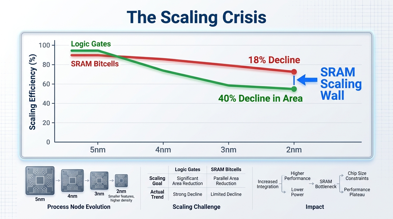 A data chart visualization titled 'The Scaling Crisis'. On the Y-axis: 'Scaling Efficiency (%)'. On the X-axis: '5nm' to '2nm' nodes. Two lines: a green line labeled 'Logic Gates' shows a steep 40% decline in area, and a red line labeled 'SRAM Bitcells' shows a shallow 18% decline. Annotations point to the gap labeled 'SRAM Scaling Wall'.