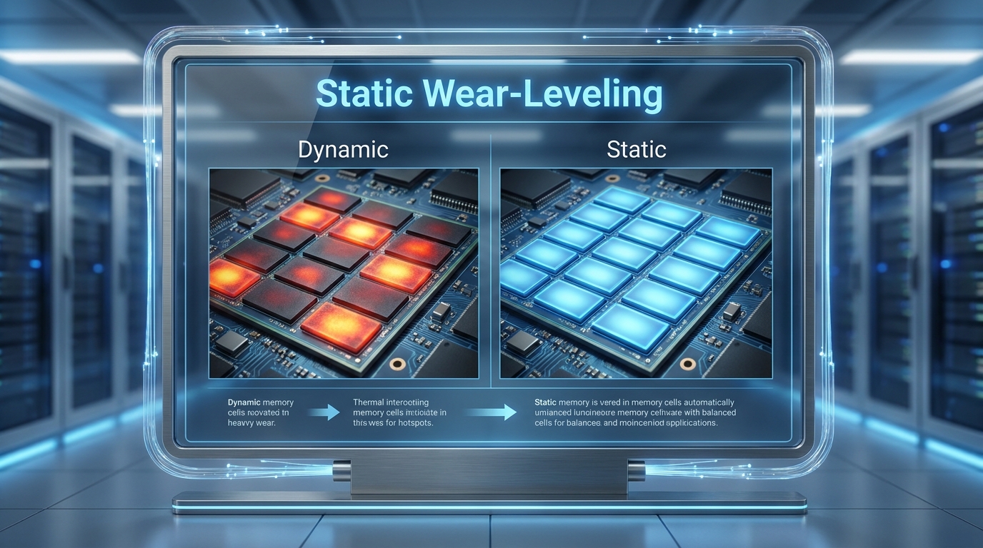 A high-tech diagram showing the difference between Static and Dynamic Wear-Leveling. Left side labeled 'Dynamic' showing uneven wear on cells. Right side labeled 'Static' showing uniform blue glow across all cells. Text 'Static Wear-Leveling' is clearly legible.