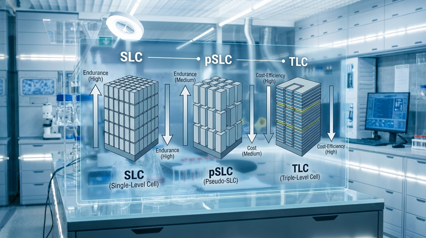 A professional comparison chart visualization of NAND architectures. 3D layers of memory cells, with labels 'TLC', 'pSLC', and 'SLC'. Annotations showing 'Cost-Efficiency' and 'Endurance' arrows. Photorealistic laboratory environment background.