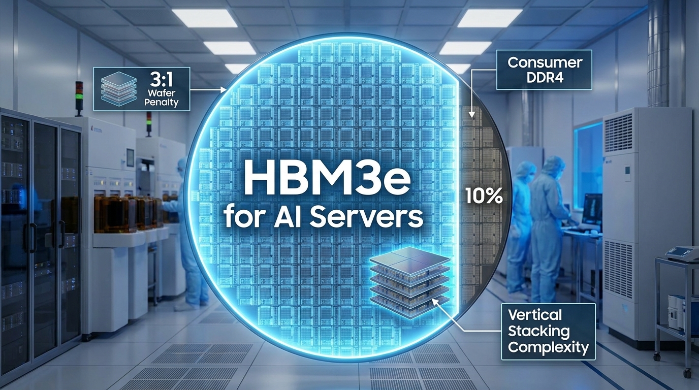 A photorealistic 3D infographic showing a circular silicon wafer. 90% of the wafer is glowing blue and labeled 'HBM3e for AI Servers', while a tiny 10% sliver is labeled 'Consumer DDR4'. Annotations with arrows show '3:1 Wafer Penalty' and 'Vertical Stacking Complexity'. High-tech cleanroom background.