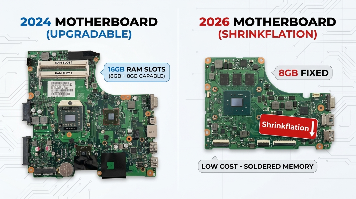 A side-by-side comparison of a 2024 laptop motherboard with 16GB RAM slots vs a 2026 laptop motherboard with 8GB of soldered memory. The 2026 side has a red 'Shrinkflation' label. Text rendering: '8GB FIXED' and 'LOW COST'. Macro photography style with circuit board details.