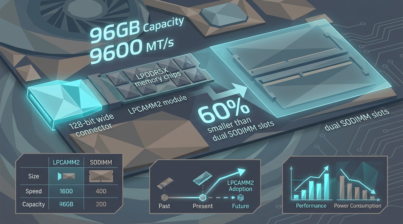 Technical diagram showing the spatial layout of an LPCAMM2 module on a laptop motherboard. Elements include the '128-bit wide connector', 'LPDDR5X memory chips', and a comparison overlay showing it is '60% smaller than dual SODIMM slots'. Precise text labels: '96GB Capacity' and '9600 MT/s'.