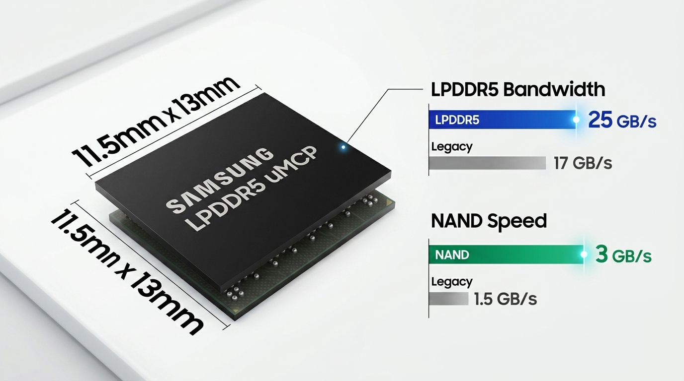 Macro view of a Samsung uMCP chip. Annotation shows spatial dimensions: '11.5mm x 13mm'. A data chart overlay compares bandwidth: 'LPDDR5 Bandwidth: 25 GB/s' vs 'Legacy: 17 GB/s' and 'NAND Speed: 3 GB/s' vs 'Legacy: 1.5 GB/s'. High-tech, clean aesthetic.
