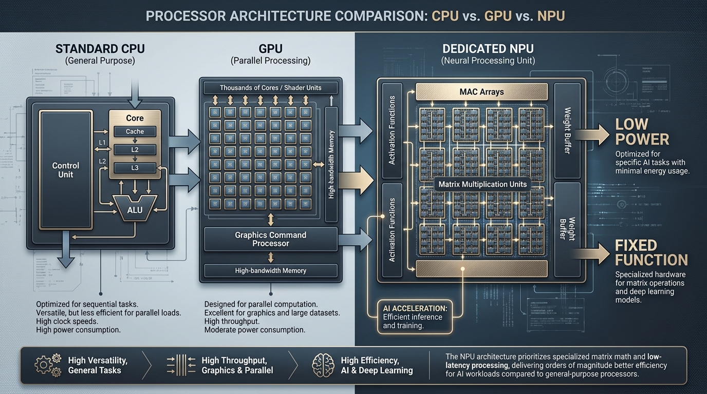 A high-fidelity technical diagram comparing a standard CPU, a GPU, and a dedicated NPU (Neural Processing Unit). The NPU section features a dense grid labeled 'MAC Arrays' and 'Matrix Multiplication Units'. Side-by-side comparison highlights 'Low Power' and 'Fixed Function' attributes for the NPU.