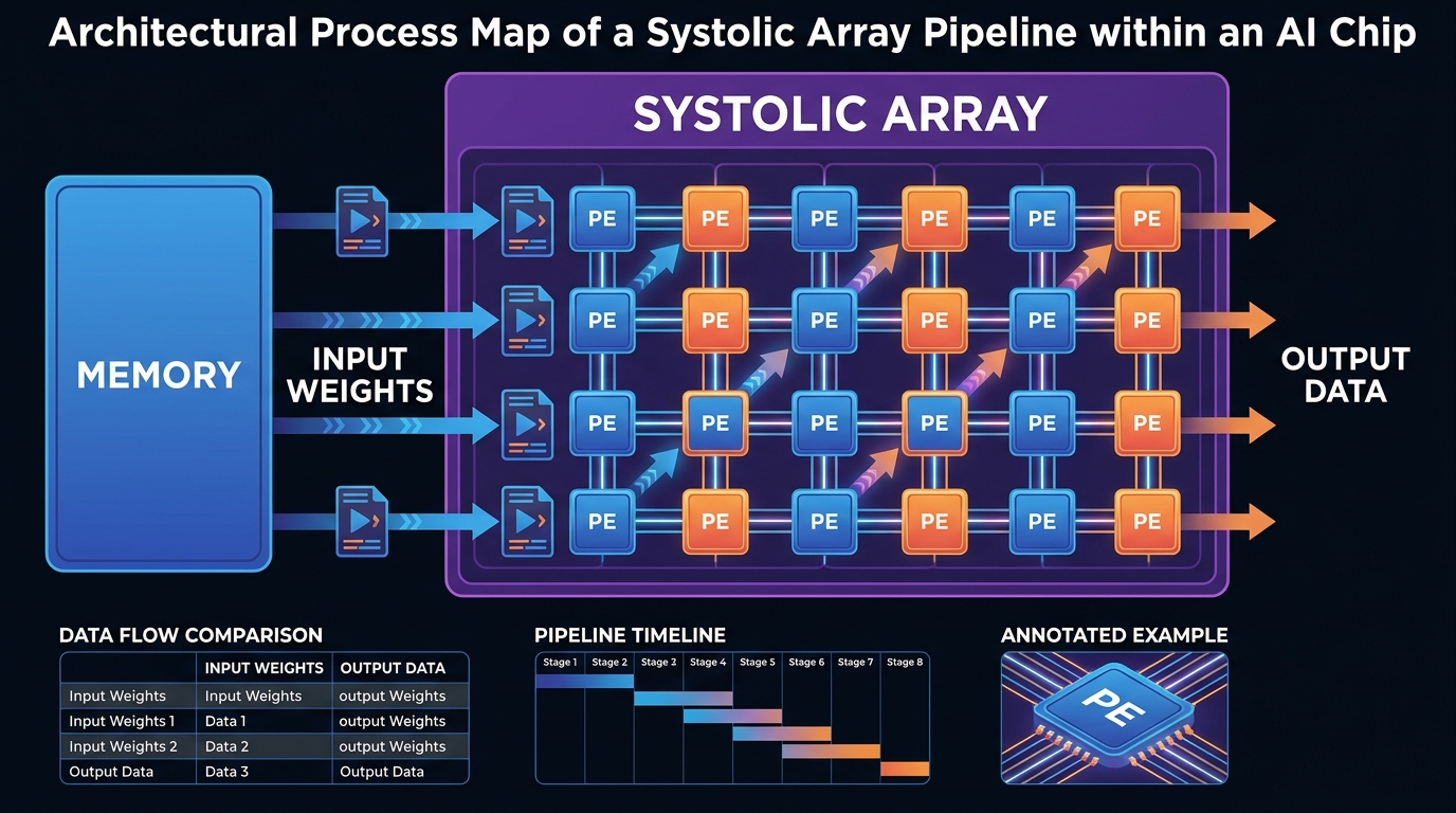 An architectural process map of a Systolic Array Pipeline within an AI chip. Data packets labeled 'Input Weights' flow rhythmically through a grid of processing elements. Clear labels for 'Memory' and 'Systolic Array' are included.