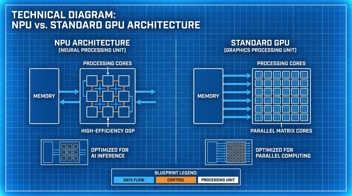 A technical diagram comparing NPU architecture and a standard GPU, showing data flow from memory to processing cores, with labels 'High-Efficiency DSP' and 'Parallel Matrix Cores', photorealistic blueprint style.